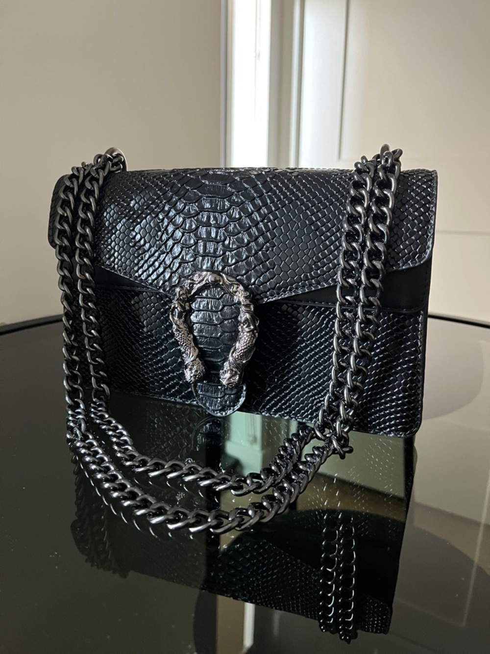 Dionysus inspired black snake skin shoulder bag